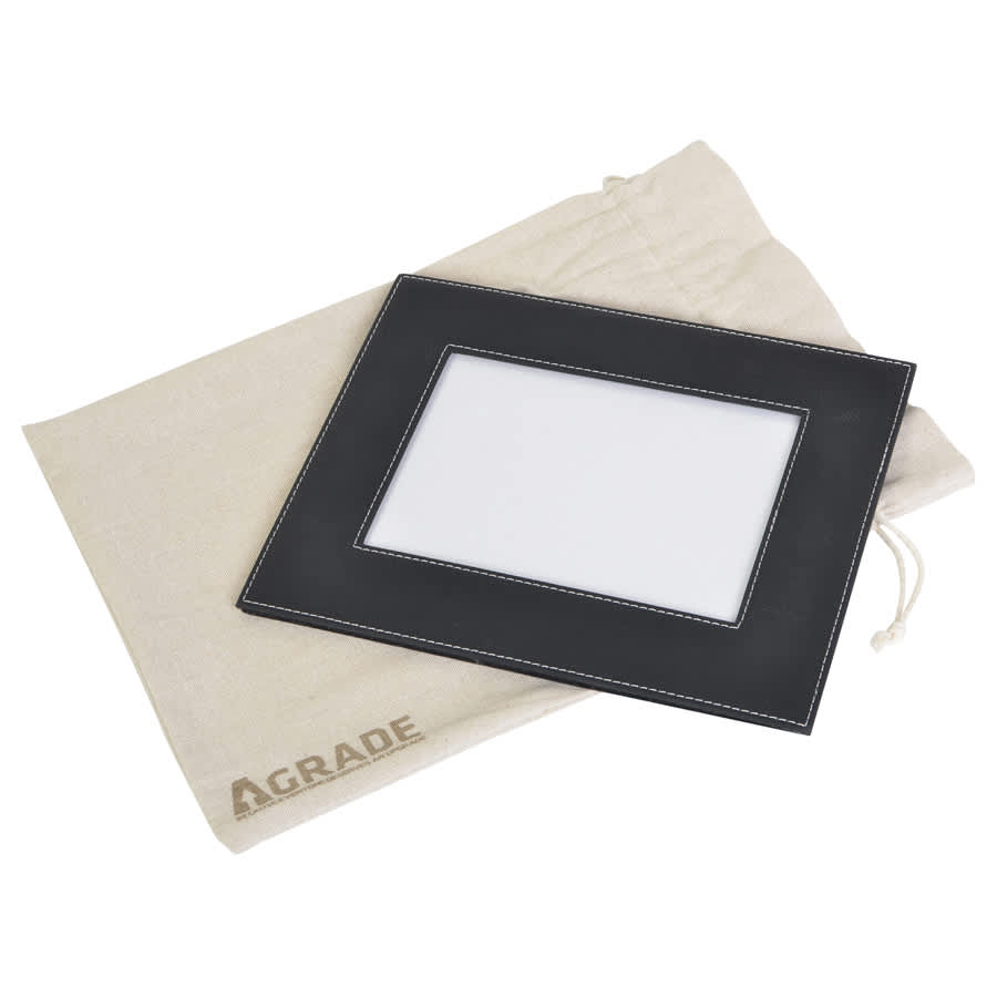 A black 5x7 photo frame with white stitching, accompanied by a beige storage pouch featuring a logo.