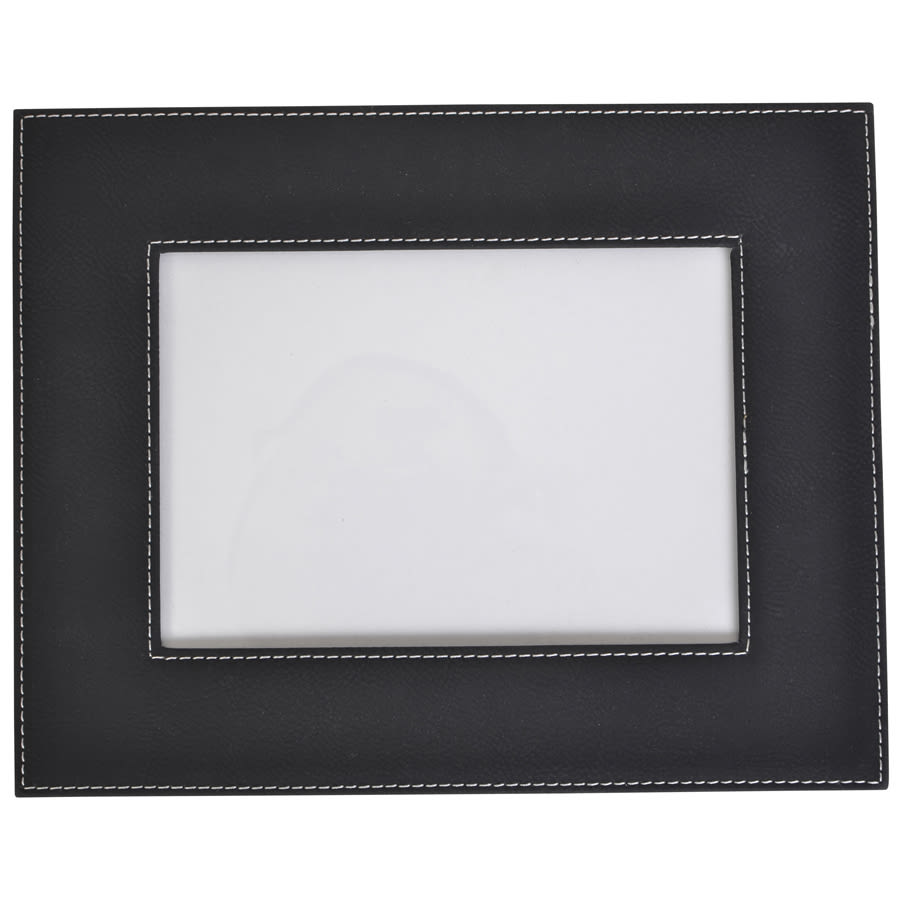 A 5x7 black photo frame with a textured finish and white stitching details. It has a logo on the corner.