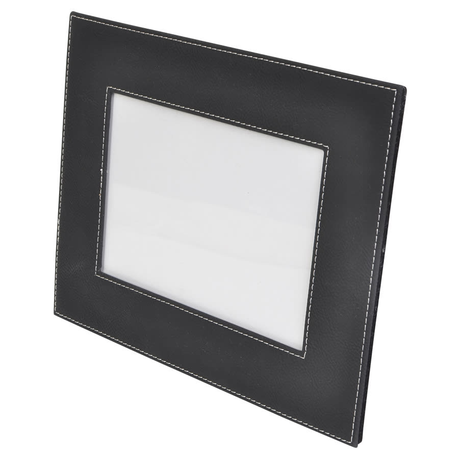 A black 5x7 photo frame with a stitched border and a clear display area, featuring a subtle logo.