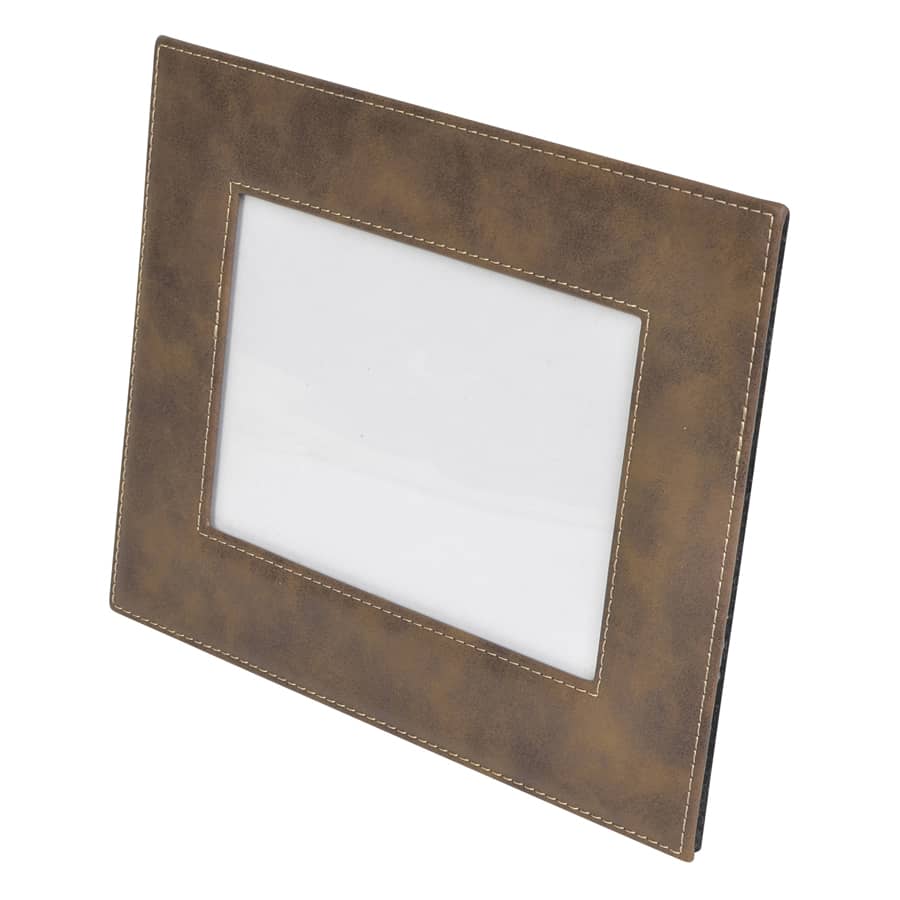 A 5x7 photo frame in a brown, textured material with a white inner border. It features a simple logo.