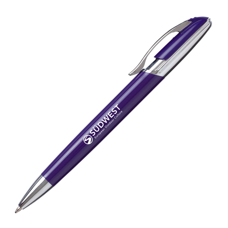 A purple metal pen with a chrome clip, featuring a logo on the barrel.