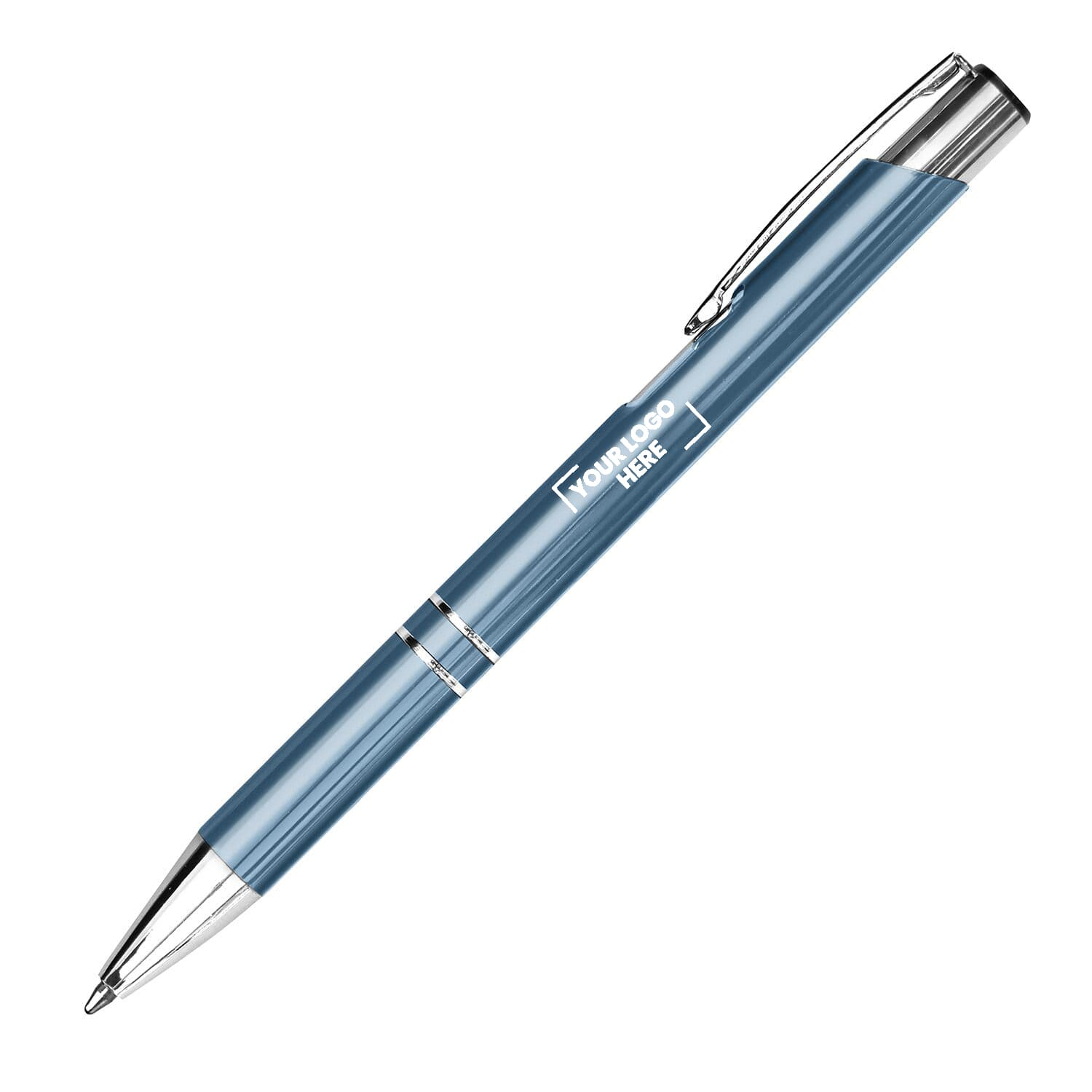 A blue metal pen with a shiny silver trim and a clip, featuring a branding area.