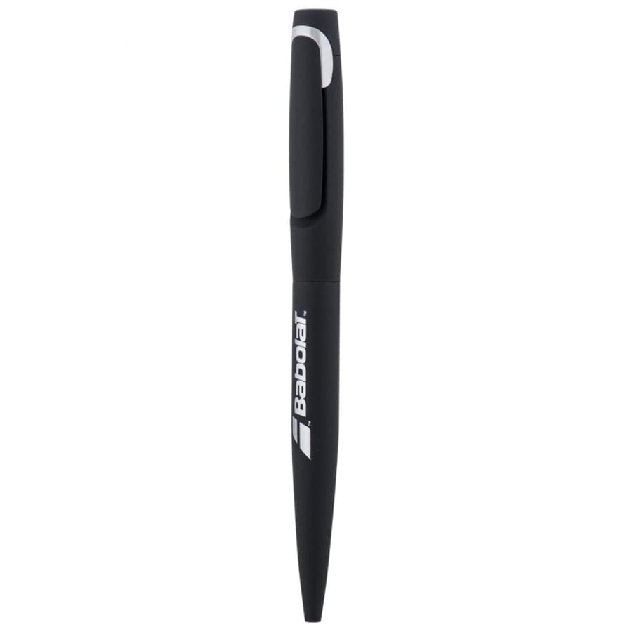 A black metal pen with a smooth body, featuring a clip and a logo.