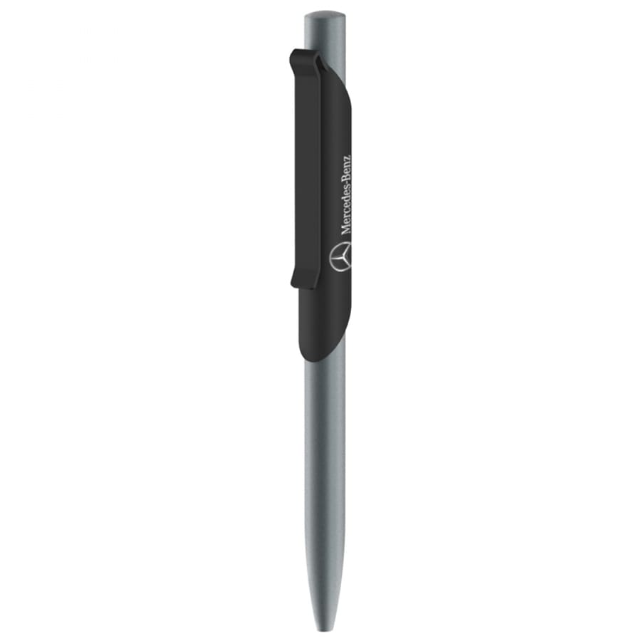 A metal pen with a silver body and a black clip, featuring a logo on the side.