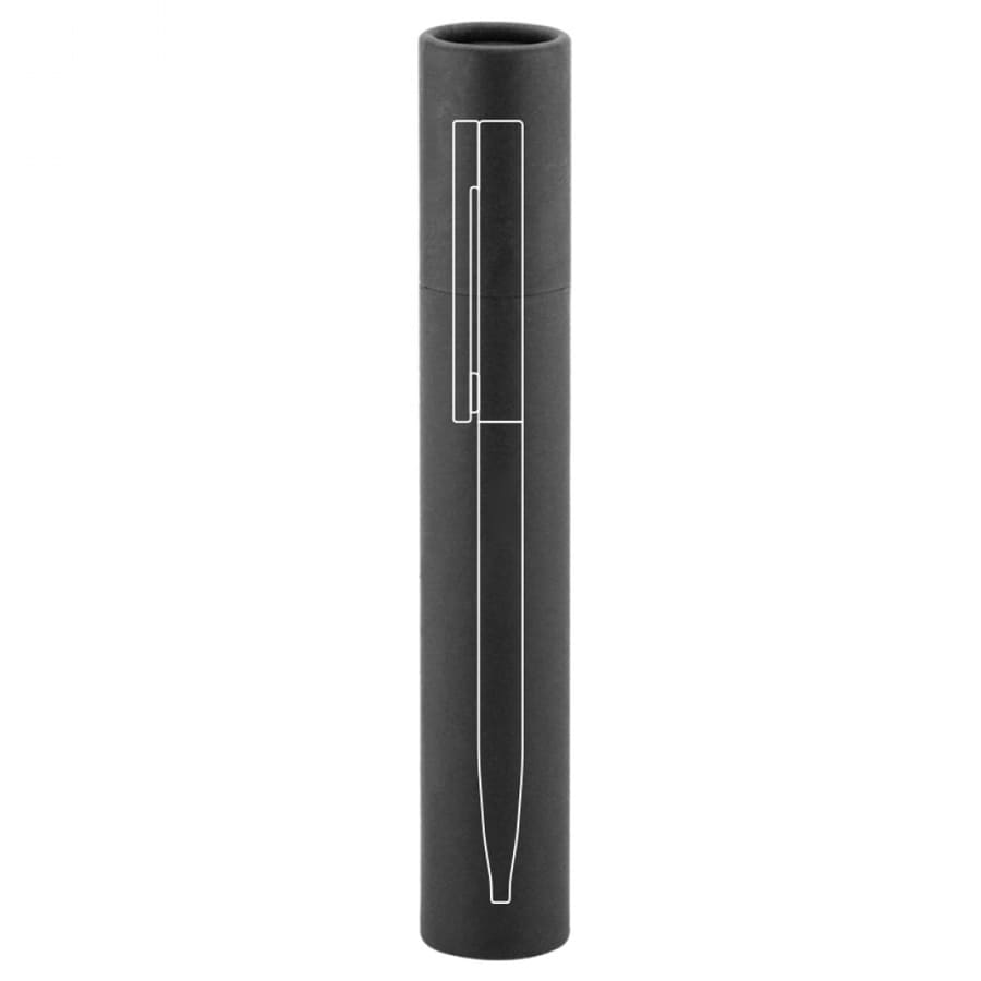 A sleek metal pen in a black cylindrical casing, featuring a minimalist design and a logo.