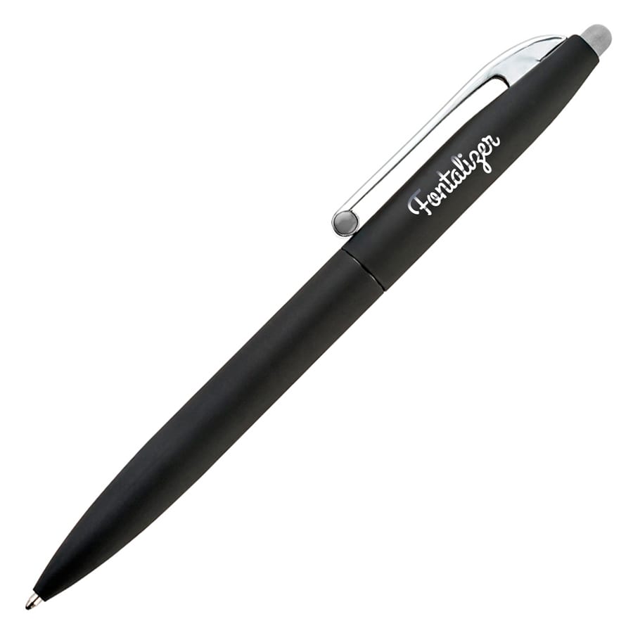 A black pen with a silver clip and a branding logo on the barrel. It features a smooth, sleek design.