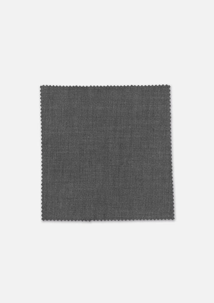 A textured grey fabric swatch for men's suiting, featuring a fine weave and a slightly stretchable quality.