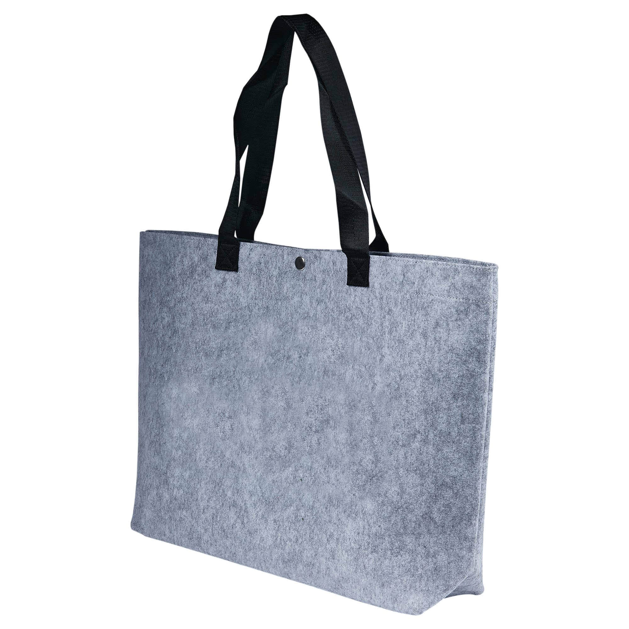 A grey felt tote bag with black handles, featuring a top snap closure and a subtle logo.