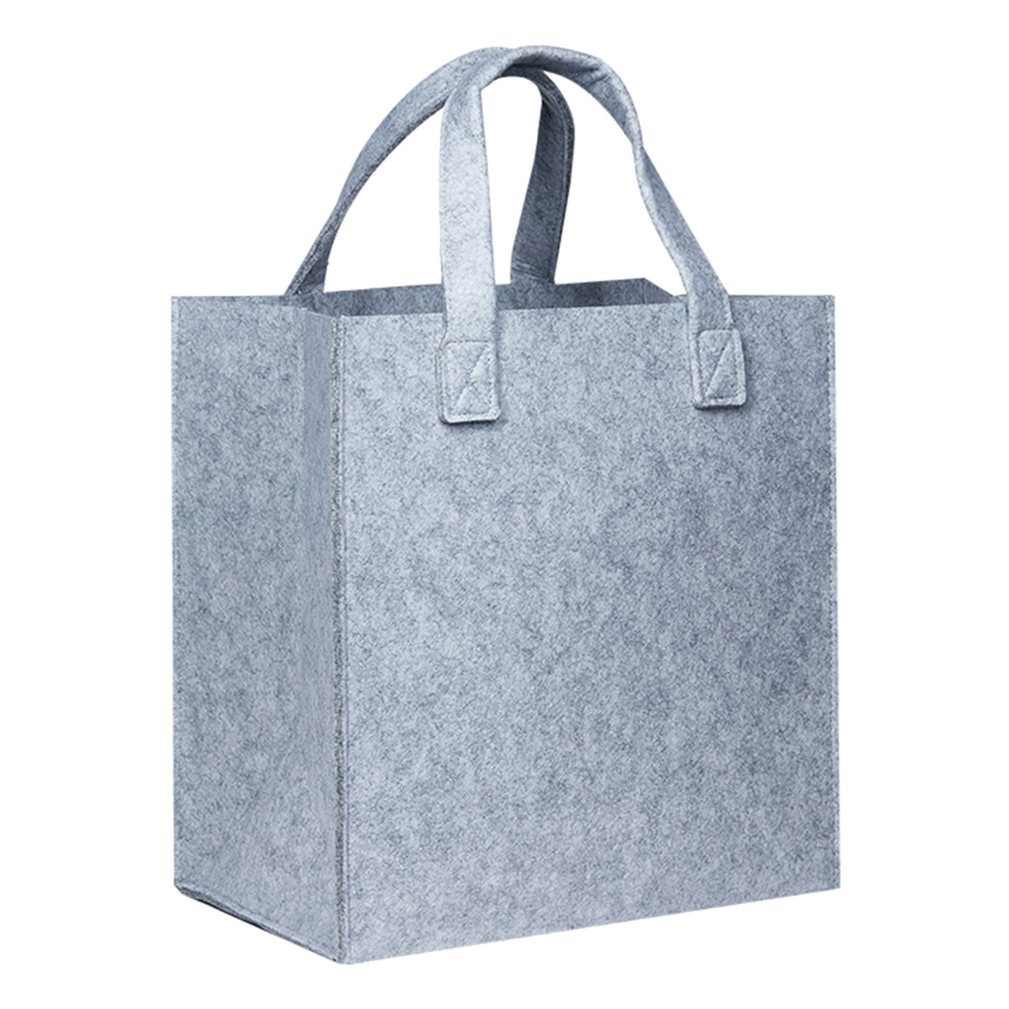 A grey felt tote bag with sturdy handles and a simple design, featuring a branding logo.