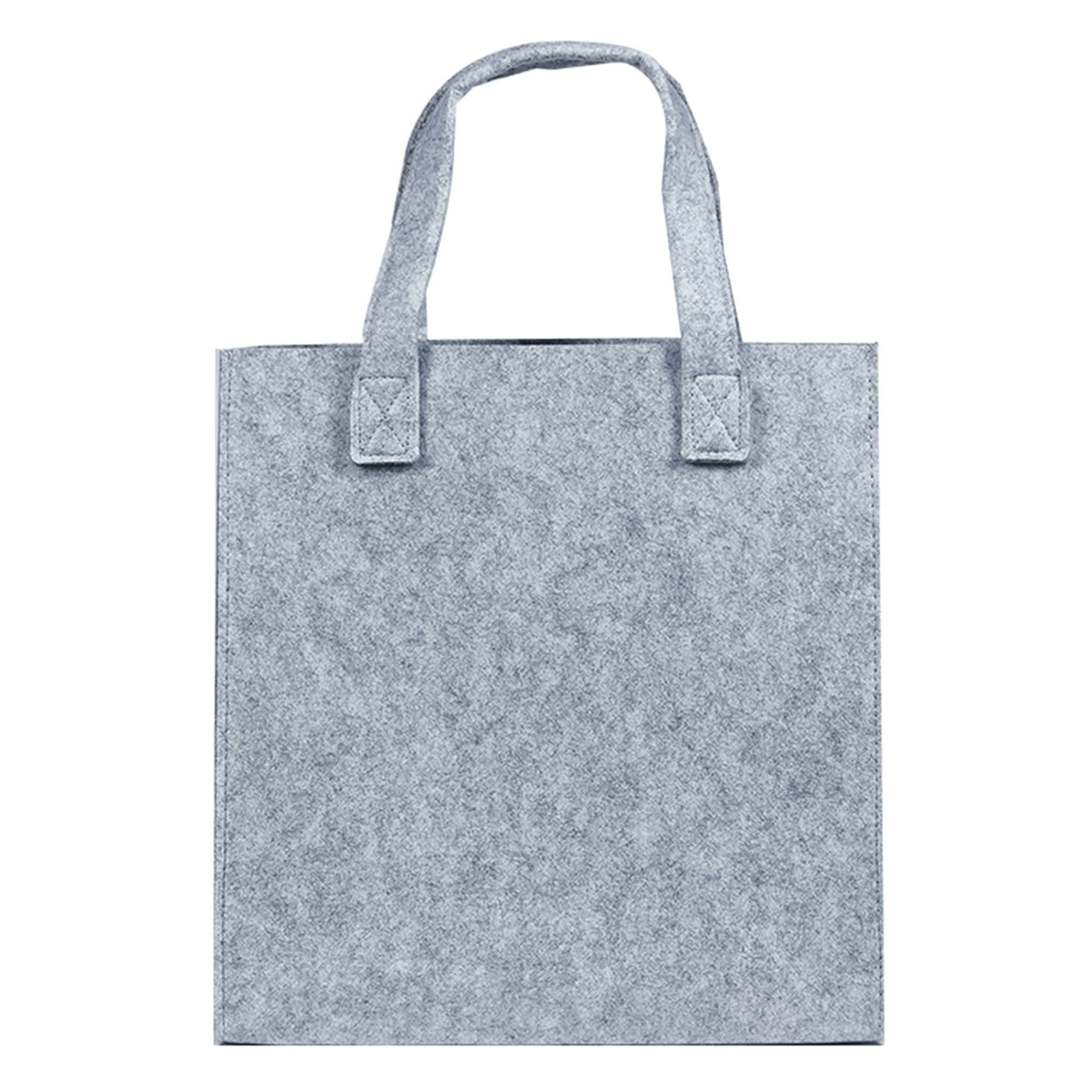 A grey felt tote bag with two sturdy handles and no visible branding.
