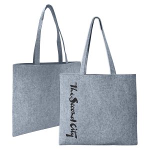 A grey felt tote bag with two handles and a logo on one side.