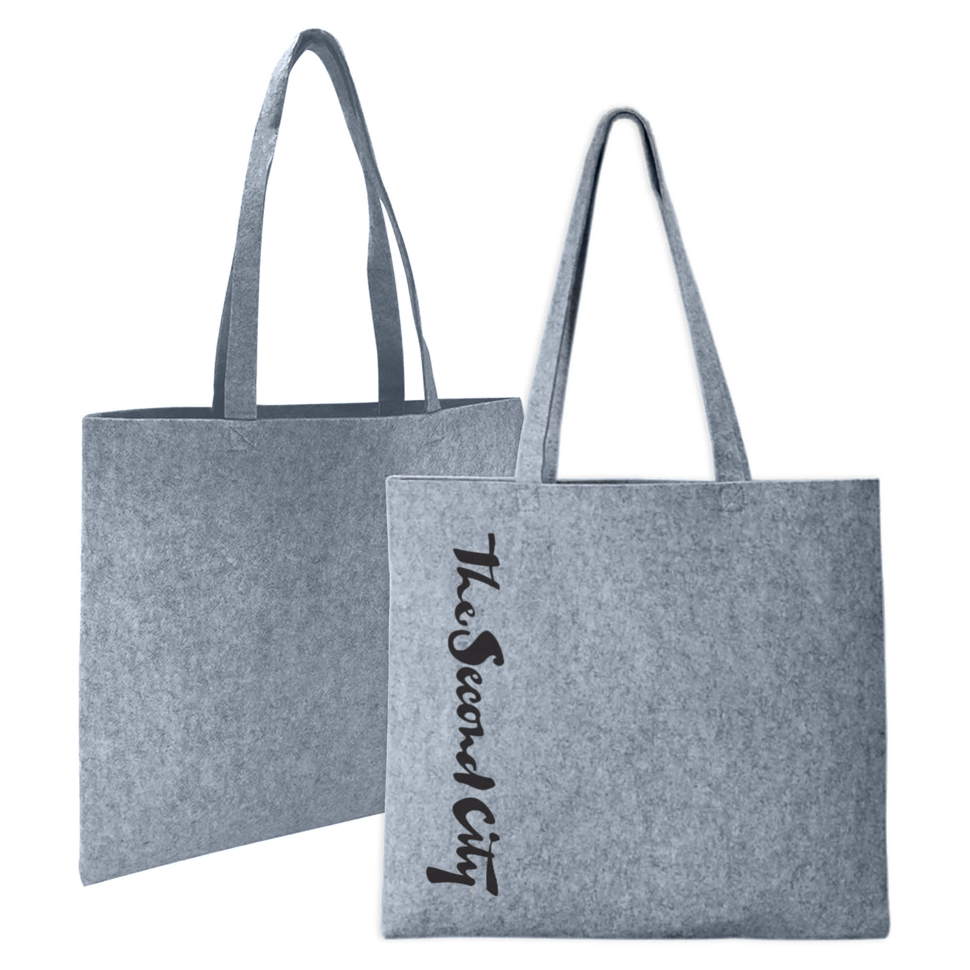 A grey felt tote bag with two handles and a logo on one side.