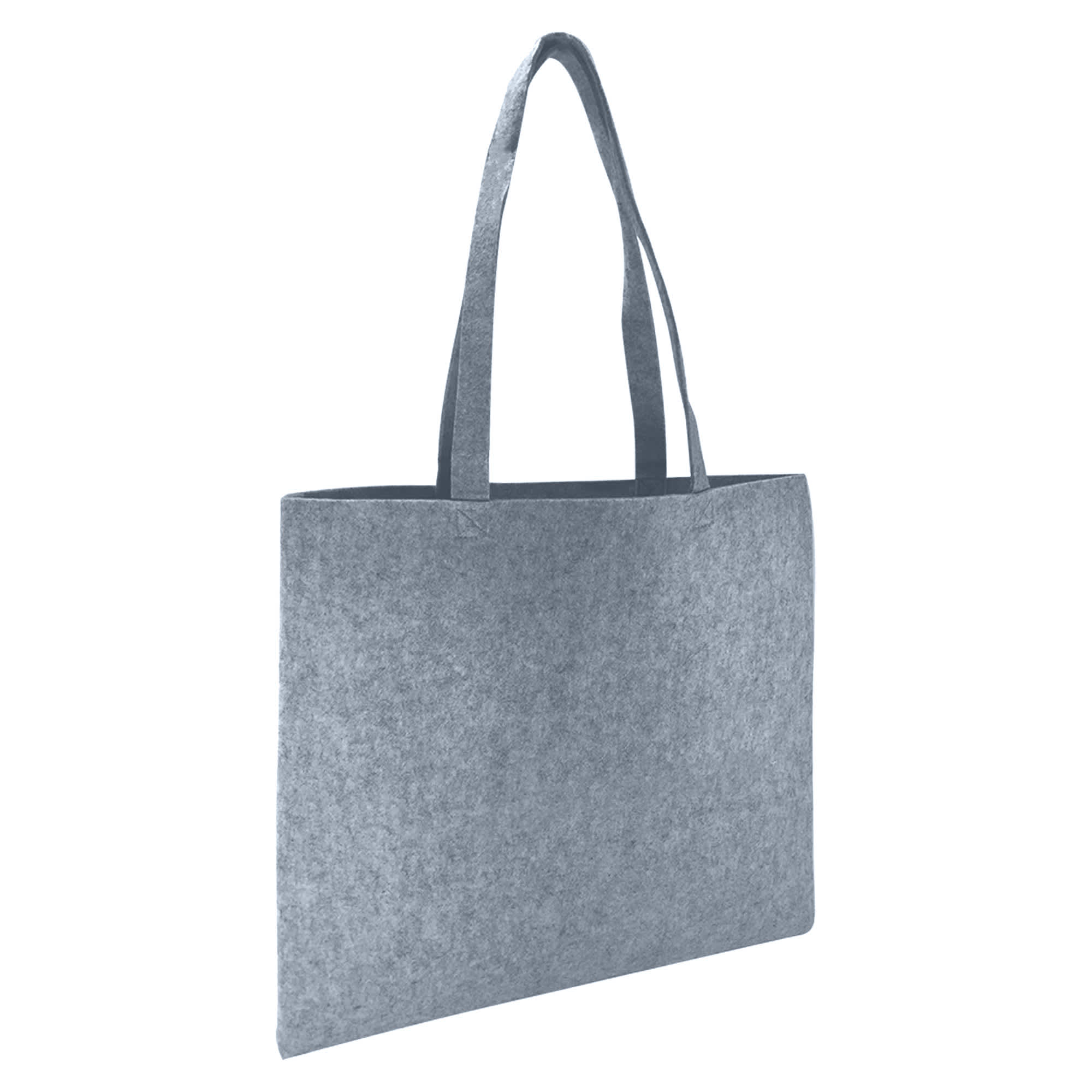 A grey felt tote bag with two handles and a simple design. It features a logo on the front.