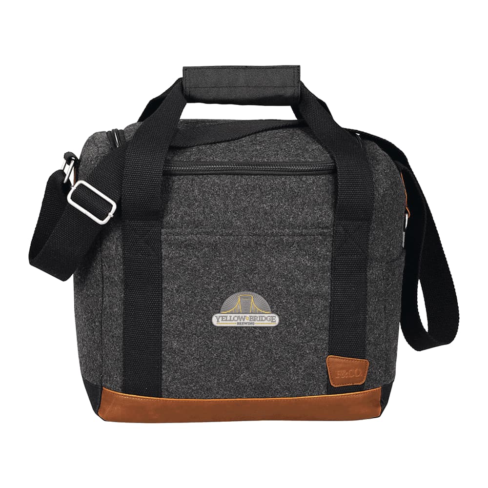 A drink bottle cooler bag in grey fabric with black straps and brown leather accents, featuring a branding logo.