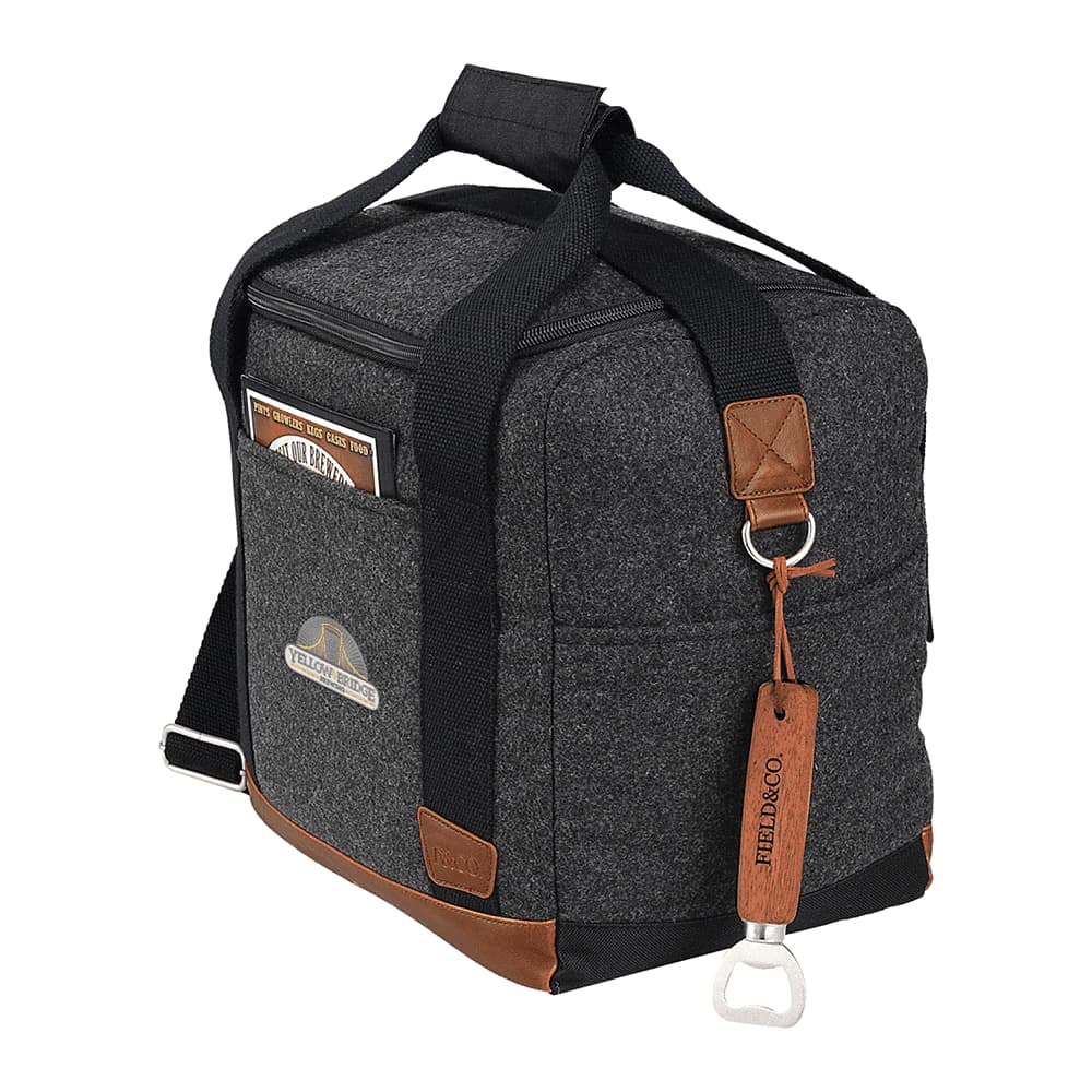 A drink bottle cooler bag in charcoal grey, featuring a design with multiple drink bottles inside and a logo.