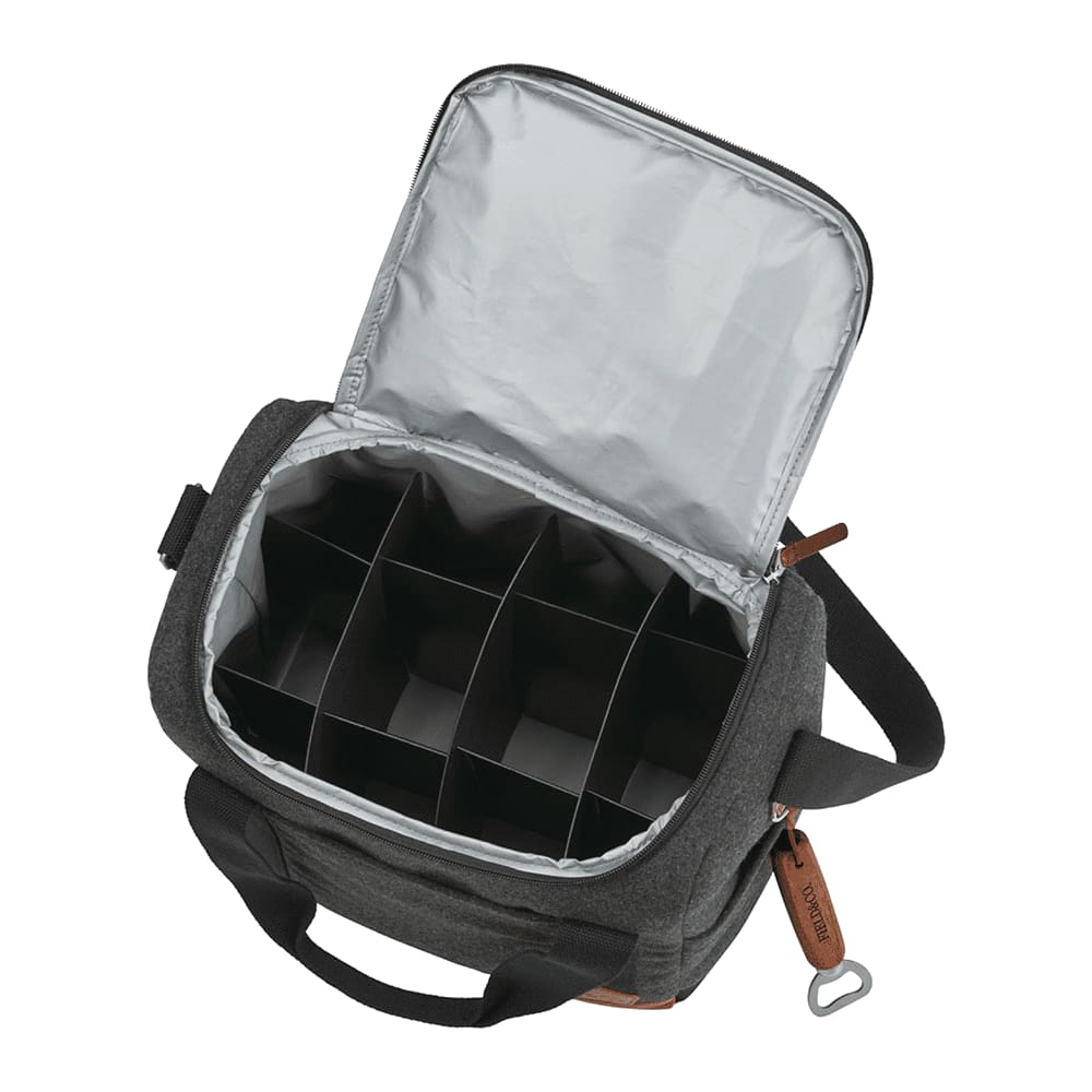 A grey cooler bag with a shoulder strap and handles, featuring a zip closure and side pockets.
