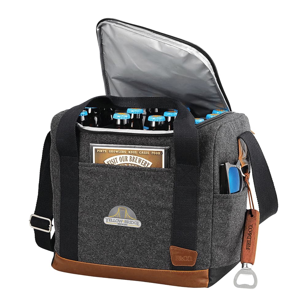 A drink bottle cooler bag in grey with brown accents, featuring a shoulder strap and a bottle opener attachment.