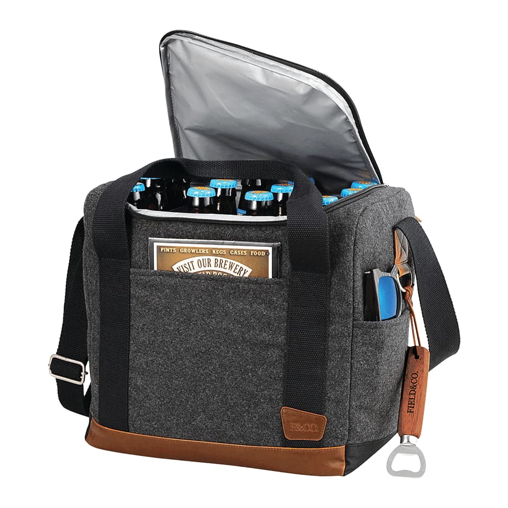 A grey and brown cooler bag with an insulated interior, holding bottles and featuring a bottle opener and logo.