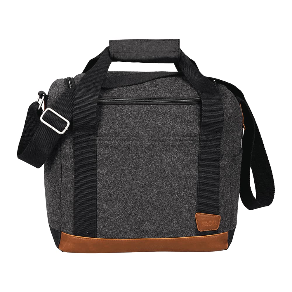 A grey cooler bag with a sturdy handle and adjustable strap, designed to hold up to 12 bottles.