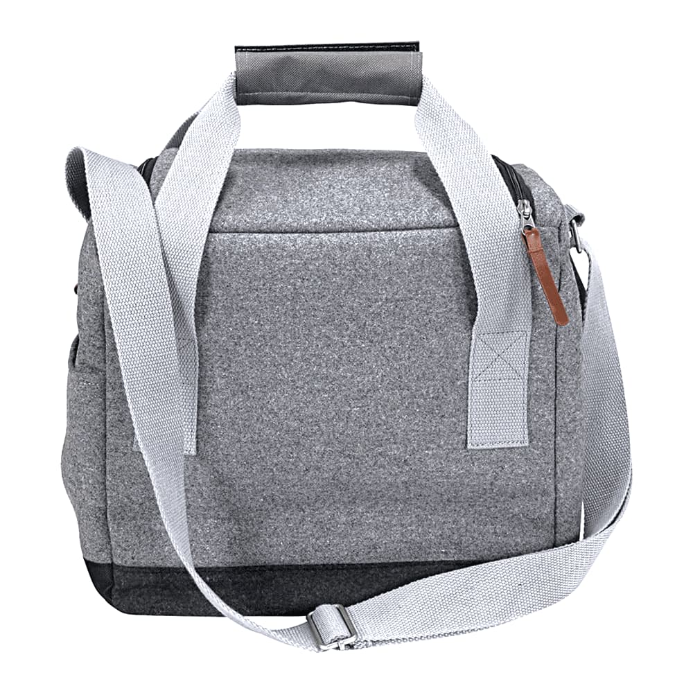 A grey cooler bag with grey straps, featuring a logo, designed to hold up to 12 drink bottles.