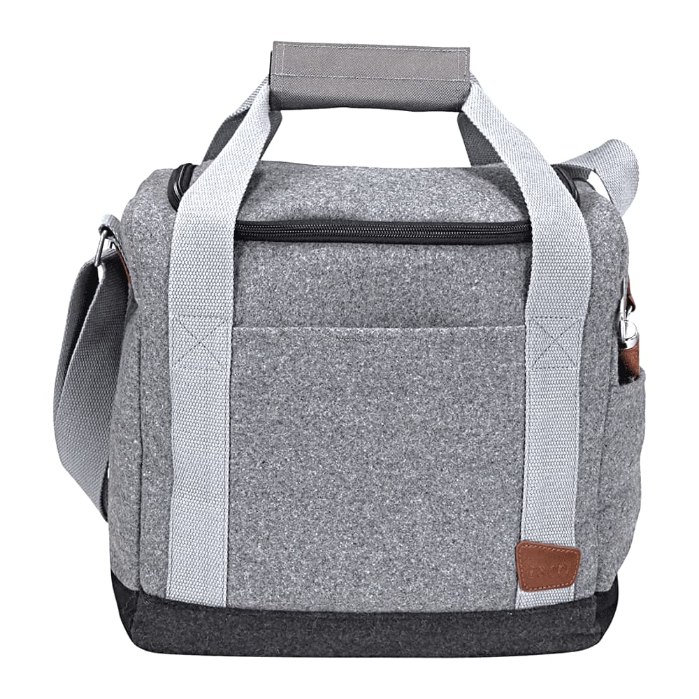 A grey cooler bag with handles and a bottle opener, featuring a zip closure and leather accents.