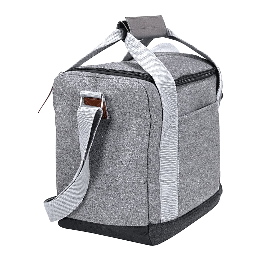 A cooler bag in grey with brown accents, featuring two handles and a shoulder strap, for transporting drinks.