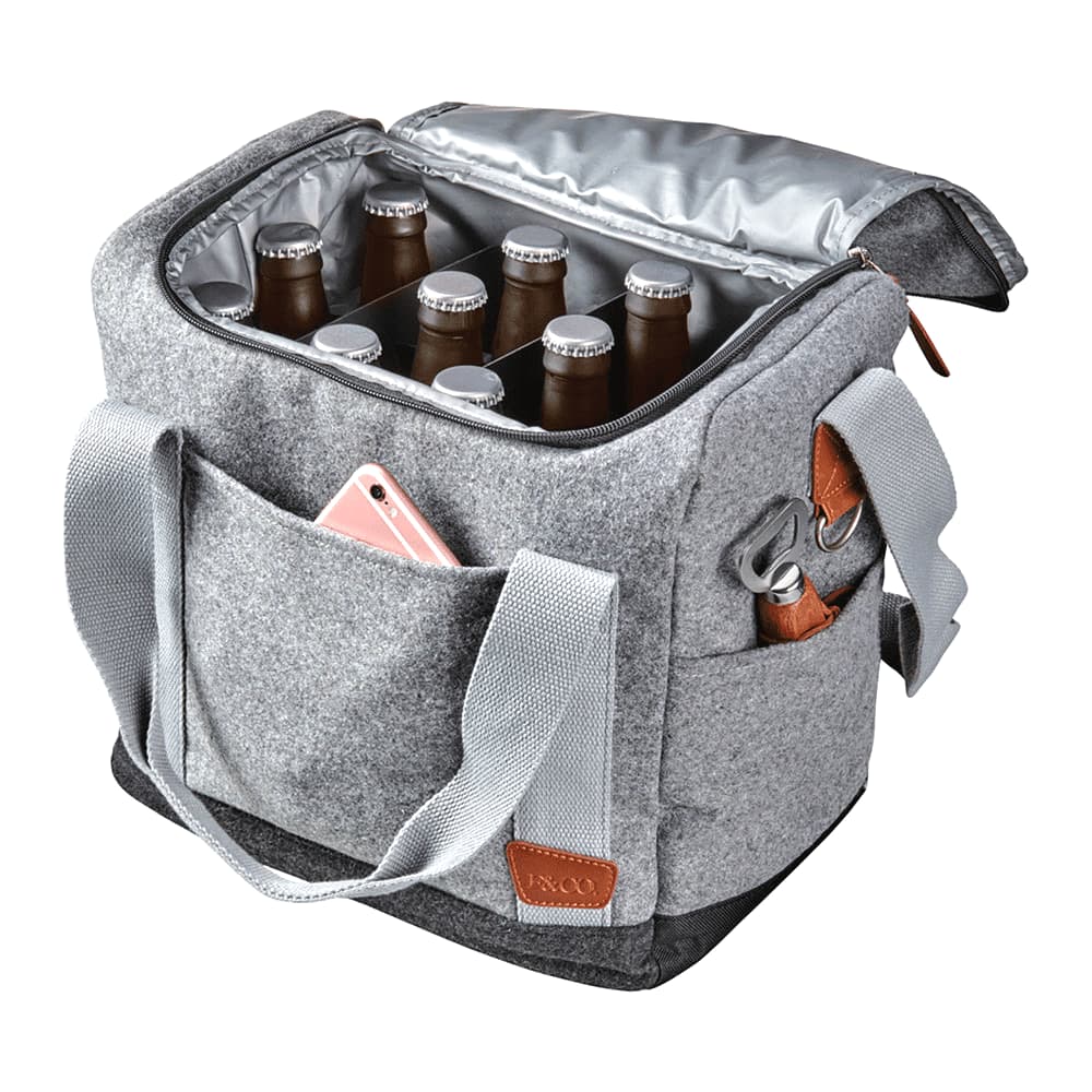 A drink bottle cooler bag in grey with brown accents, featuring a shoulder strap and a bottle opener attachment.