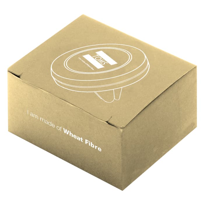 A round, silver car vent mount in a box made of wheat fibre, featuring a logo on the top.