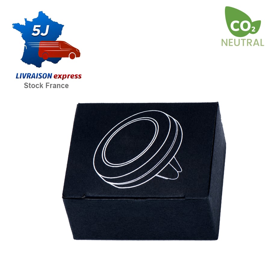 A round black car phone holder packaged in a black box with a logo. The product is designed for technology use.