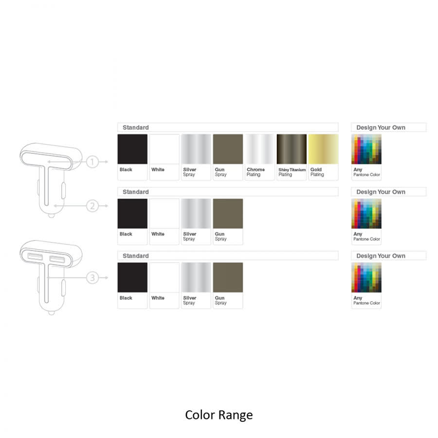 A colour range display featuring car phone holder options in black, white, silver, gun metal, platinum, and gold.