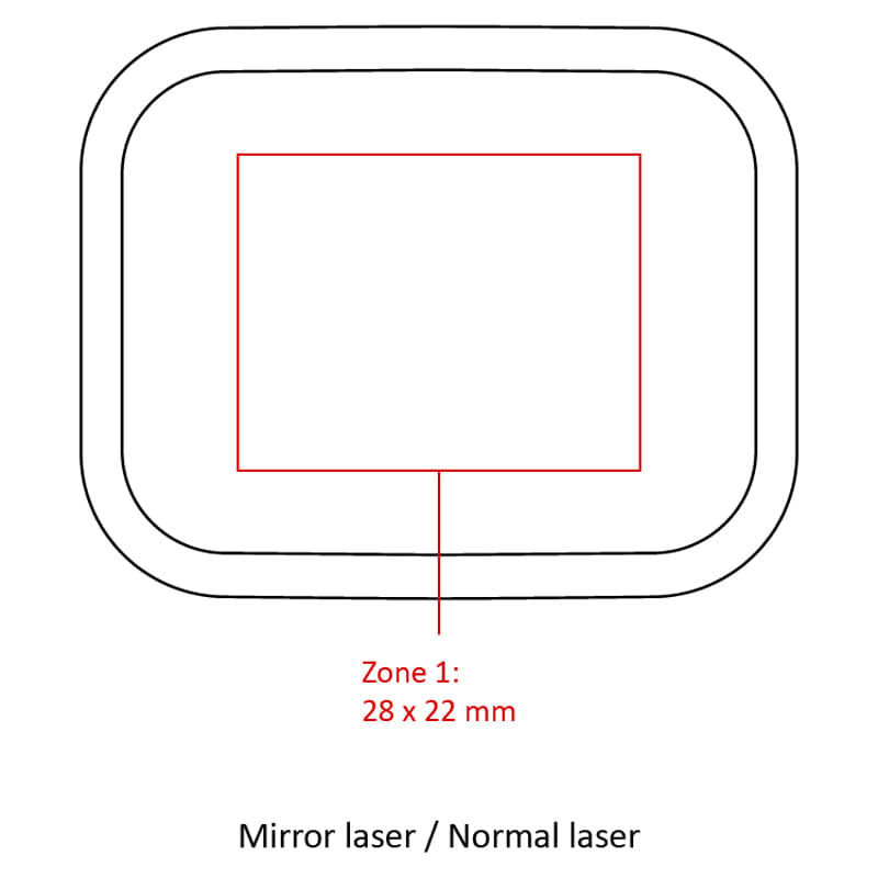 A rectangular outline diagram indicating measurement details for a laser engraving zone. Features a simple design.