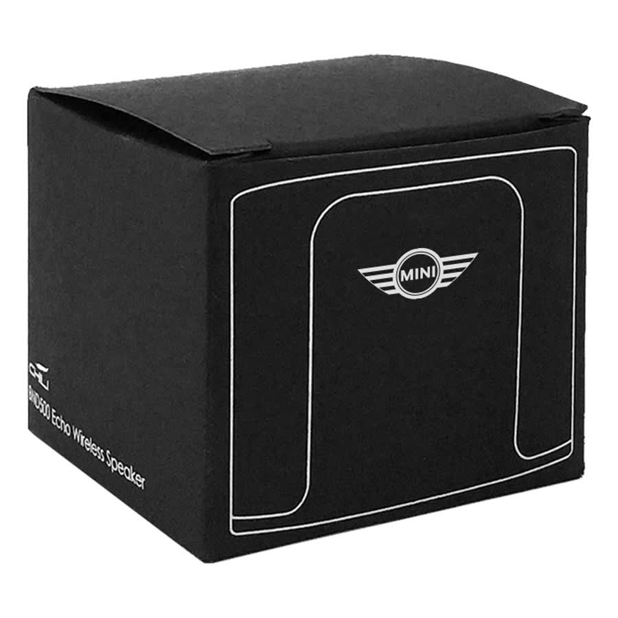 A black square box containing the Echo Wireless Speaker, featuring a logo on the front.