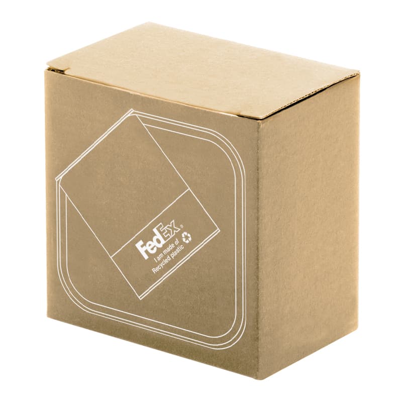 A brown cardboard box with a logo, made from recycled materials, featuring a square design.