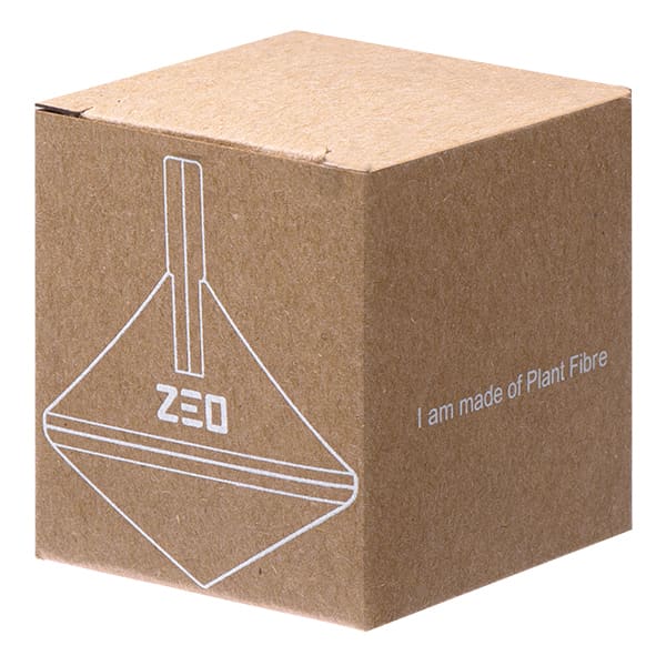 A square, brown cardboard box with a simple design and text indicating it's made of plant fibre.