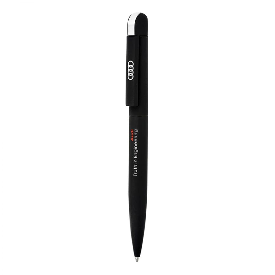 A twist metal ball pen in black with a chrome top and featuring a logo.