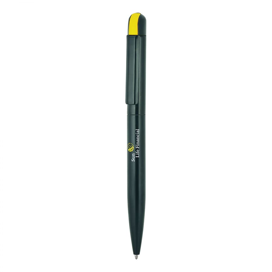 A black metal ball pen with a yellow cap and a branded logo on the side.