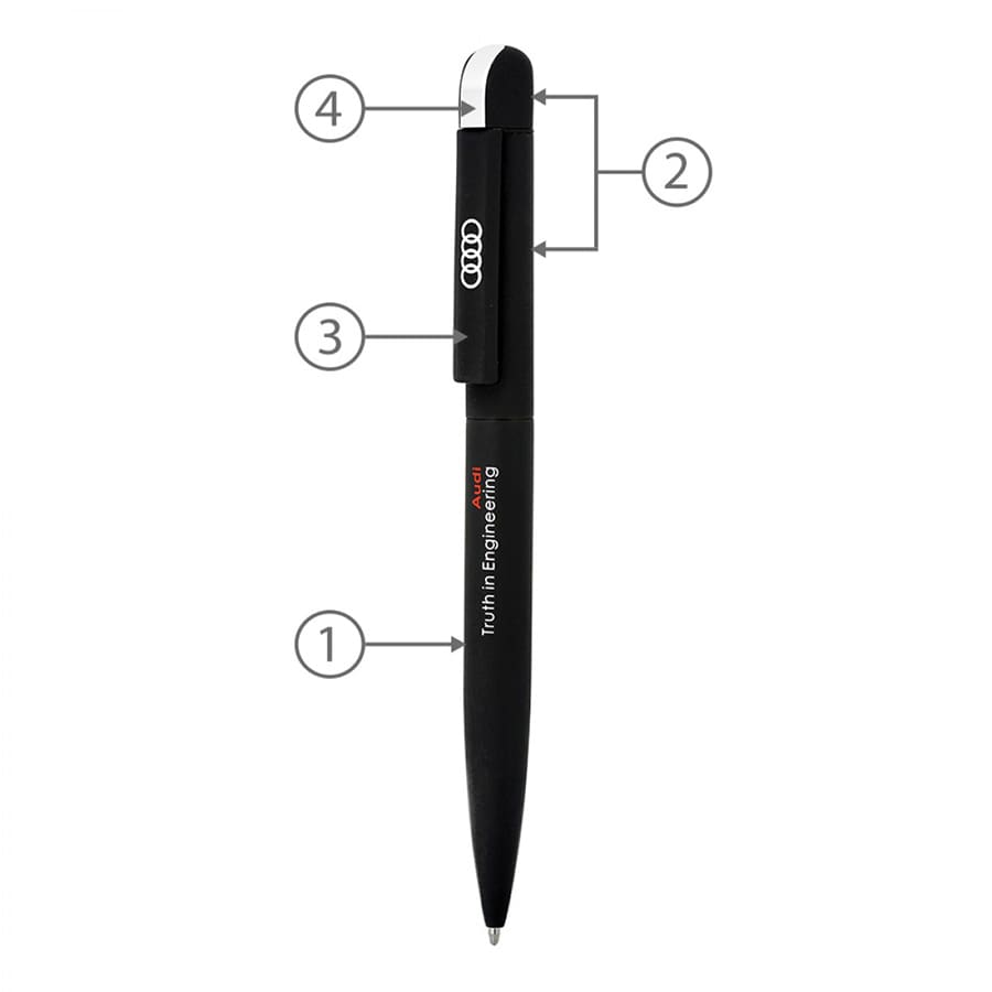 A black metal ballpoint pen with a sleek design and logo, featuring a clip and smooth chrome accents.