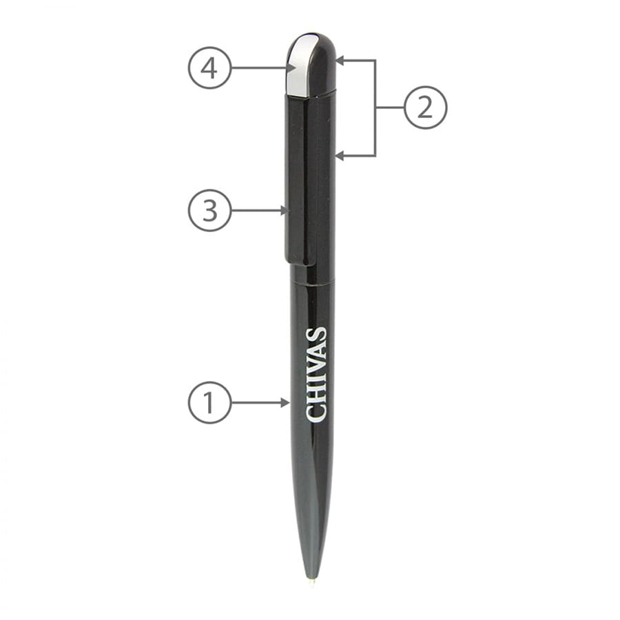A black metal ball pen featuring a sleek design and a logo. It has a clip and a shiny top.