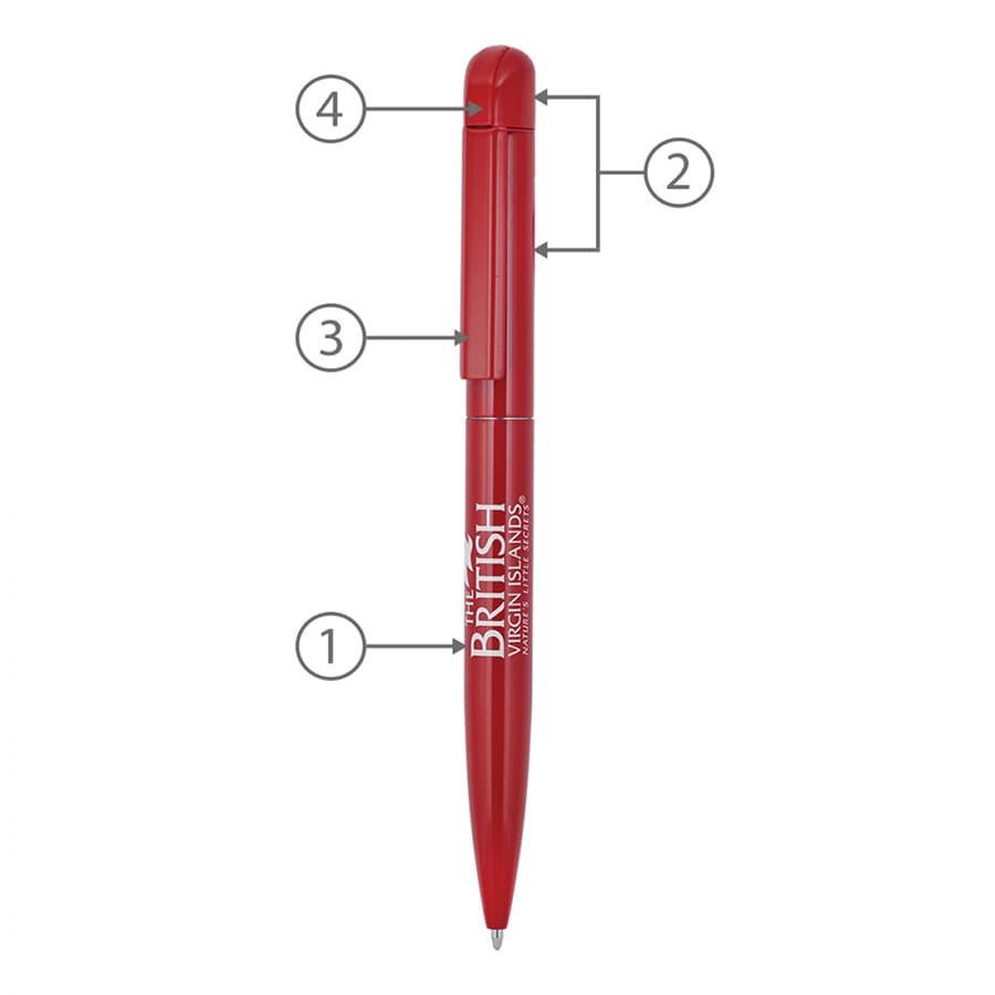 A red twist metal ball pen with a clip and an integrated logo feature.