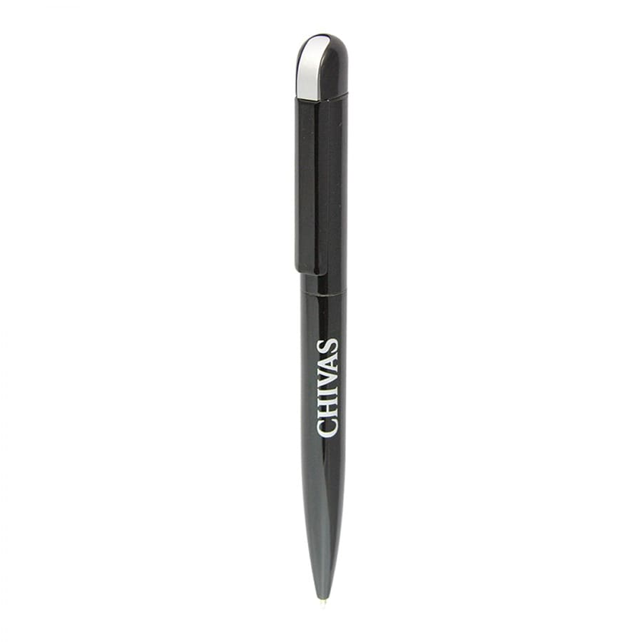A black metal ballpoint pen with a shiny silver tip and a branding logo.
