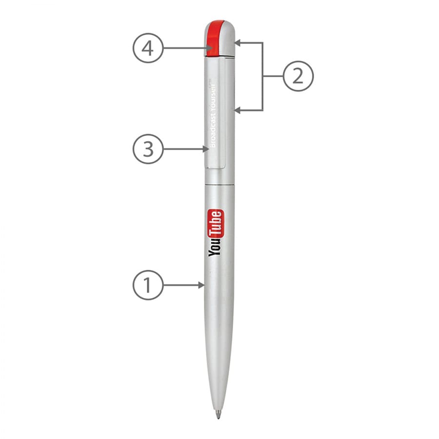 A silver metal ball pen with a red clip and branding. It features a sleek design suitable for writing.