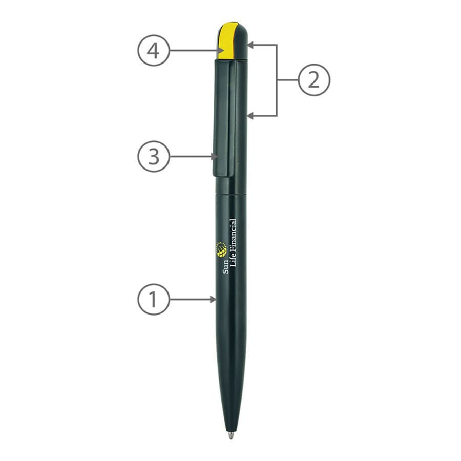 A metal ball pen in green with a yellow top and a branding logo. Features a sleek design and click mechanism.