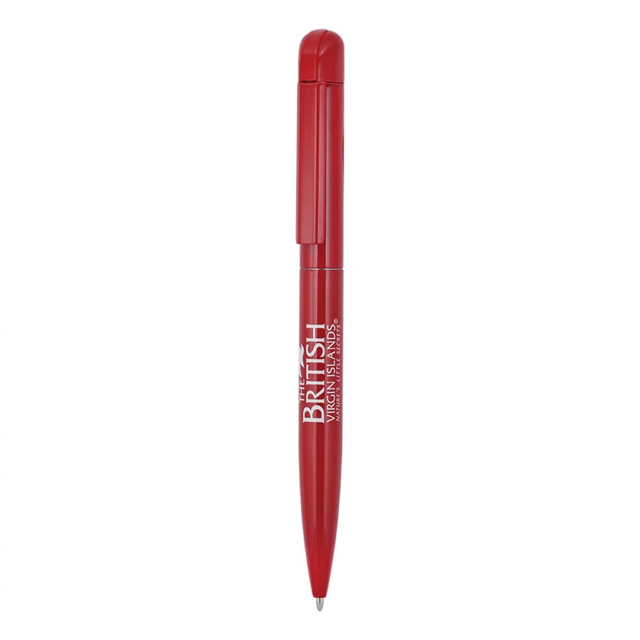 A red metal ballpoint pen with a clip and a logo on the barrel.