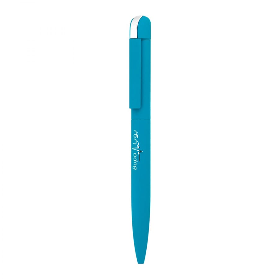 A turquoise metal ball pen with a sleek design and a clip. Features a logo on the barrel.