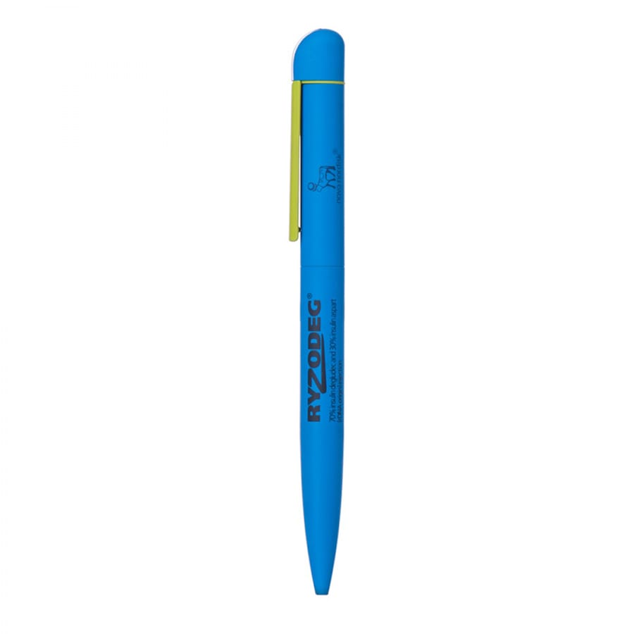 A blue metal ballpoint pen with a green clip and a small logo.