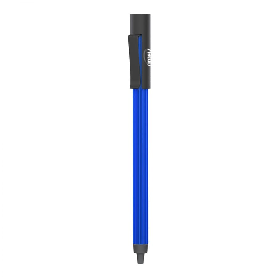 A blue metal ballpoint pen with a textured grip and a clip, featuring a logo.