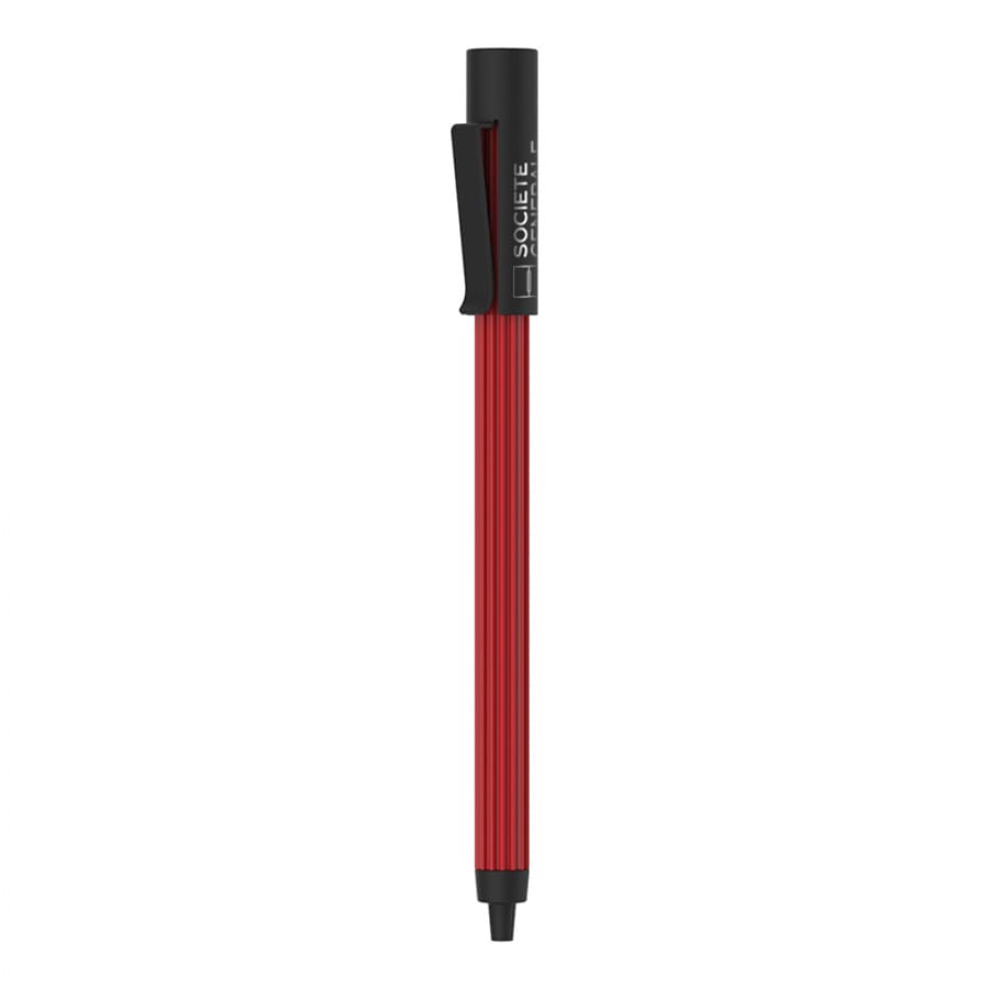 A red metal ball pen with a black clip and branding along the barrel.