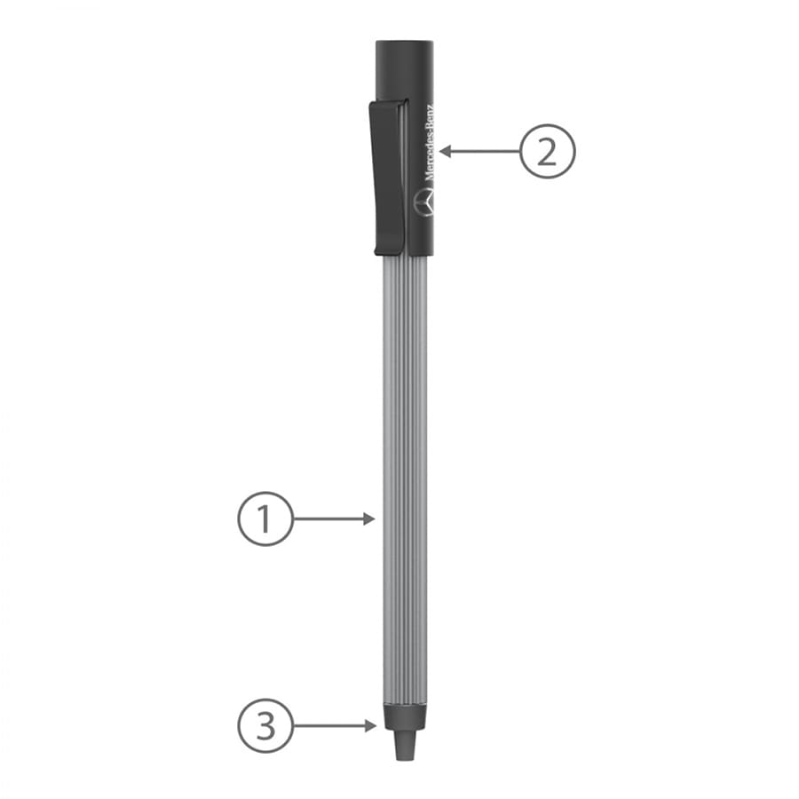 A metal ballpoint pen in grey with a clip, featuring a simple, sleek design and a branding logo.