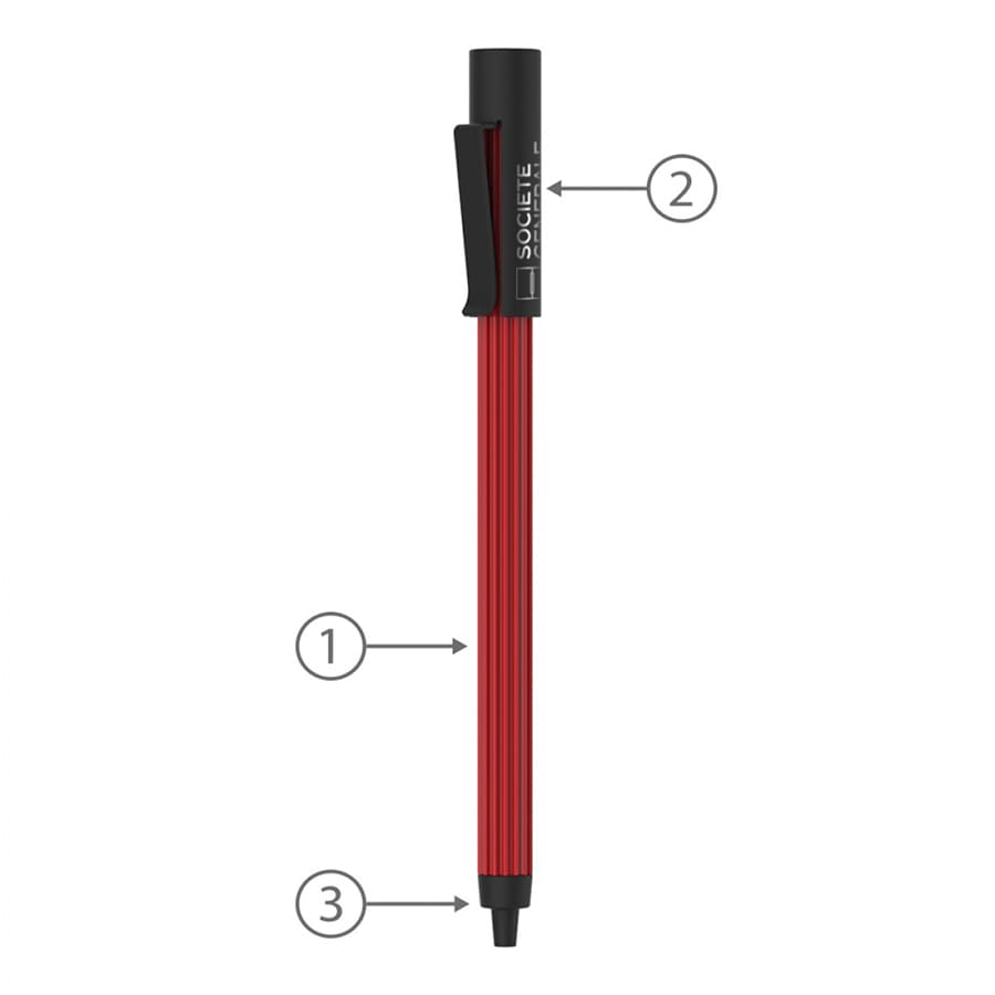 A metal ballpoint pen with a red body and black clip, featuring a logo and a ribbed design for grip.