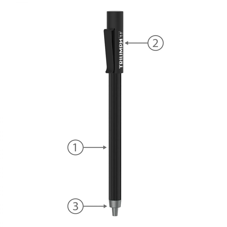 A black metal ballpoint pen with a textured grip and a clip, featuring a logo on the side.